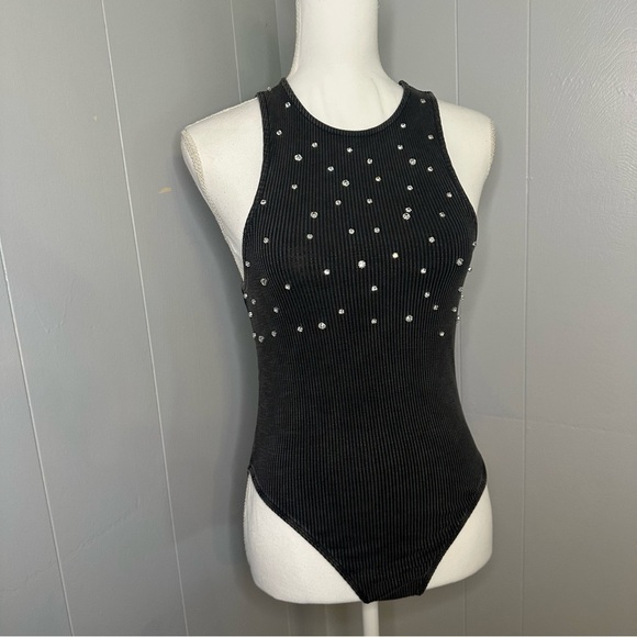 ZARA Black Rhinestone Studded Ribbed Bodysuit | Size M | Sparkly Party Top - Picture 6 of 6